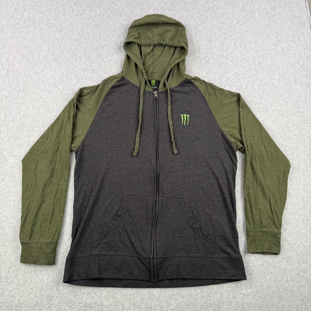Monster Energy Hoodie Mens XL Gray Green Raglan Full Zip Lightweight Sweatshirt